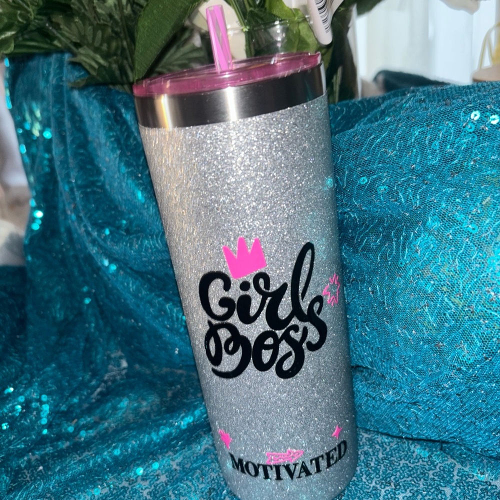 Silver Glitter 'Girl Boss' Tumbler with Pink Accents